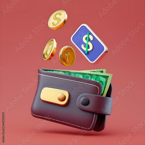 Dollar coins floating into a wallet with cashback transfer concept. Finance, savings, and online payments in a minimalistic cartoon style. 3D render illustration on an isolated background. photo