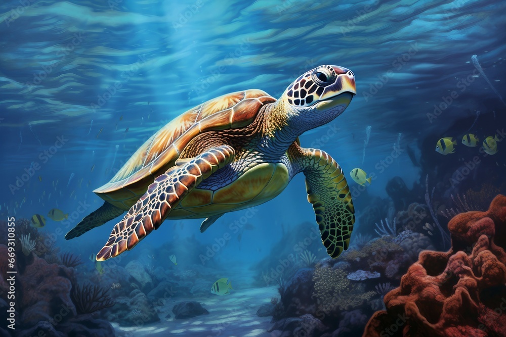Fototapeta premium green sea turtle swimming near beautiful coral reef, under water sea turtles close up. Generative AI