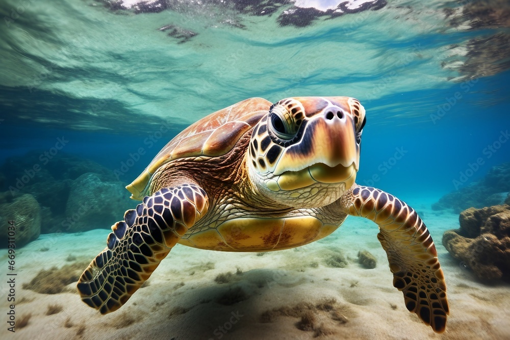Obraz premium green sea turtle swimming near beautiful coral reef, under water sea turtles close up. Generative AI