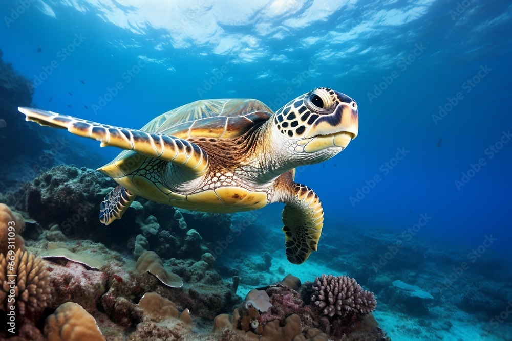 Obraz premium green sea turtle swimming near beautiful coral reef, under water sea turtles close up. Generative AI