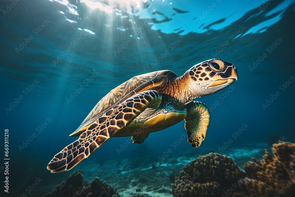 Obraz premium green sea turtle swimming near beautiful coral reef, under water sea turtles close up. Generative AI