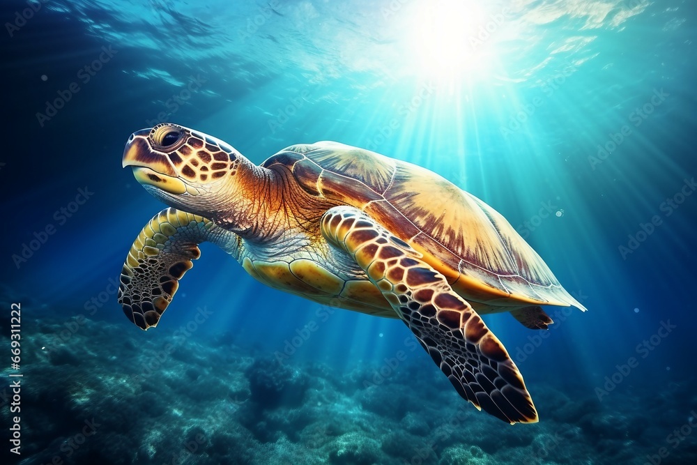 Fototapeta premium green sea turtle swimming near beautiful coral reef, under water sea turtles close up. Generative AI
