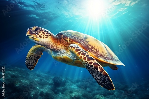 green sea turtle swimming near beautiful coral reef  under water sea turtles close up. Generative AI