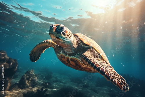 green sea turtle swimming near beautiful coral reef, under water sea turtles close up. Generative AI