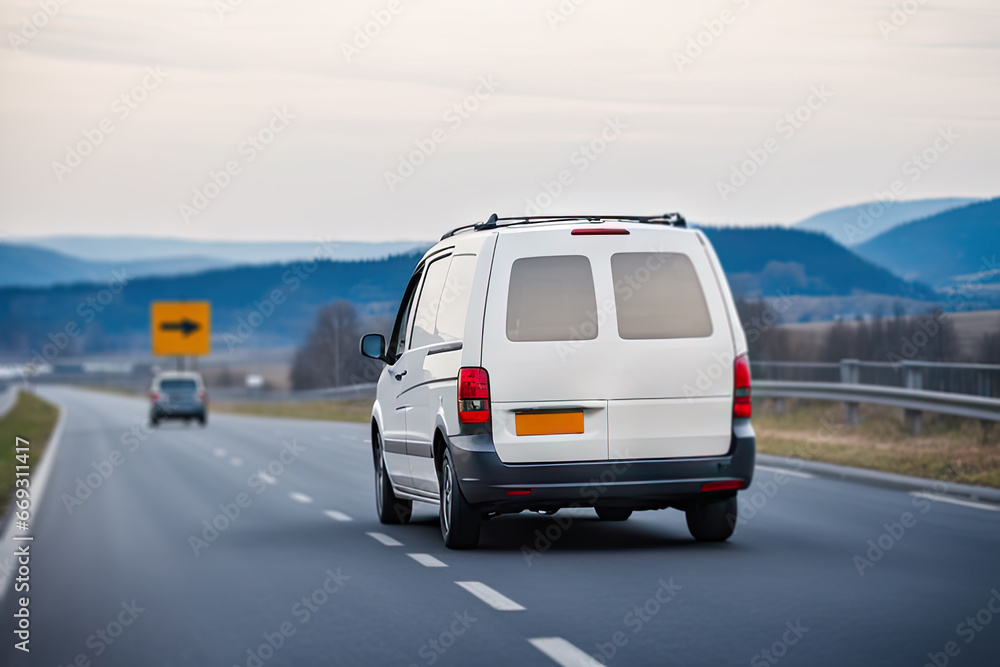 White Minivan at road. Mini van auto vehicle on driveway. European van transport logistics transportation. Auto with driver on highway