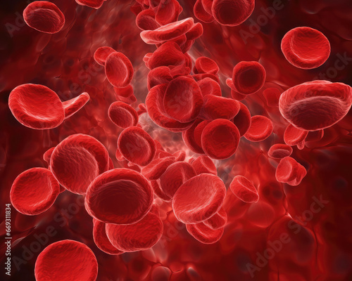 Red blood cells flowing through vein. Microscopic view  photo