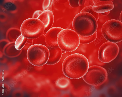 Red blood cells (erythrocytes) flowing inside an artery. Microscope view. Hematology concept  photo