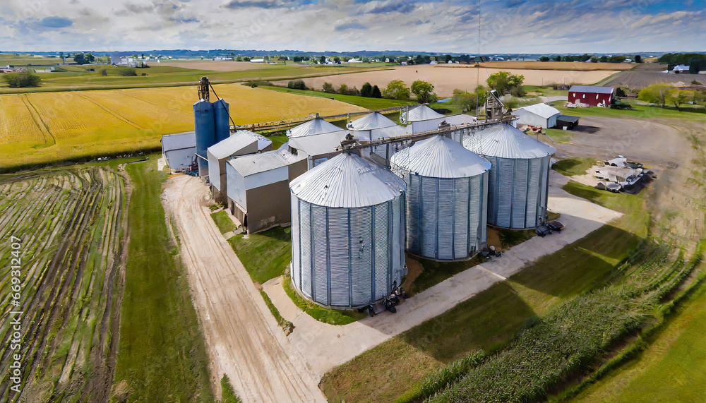 Aerial view of grain silos at a small farm Aerial view of grain silos at a small farm