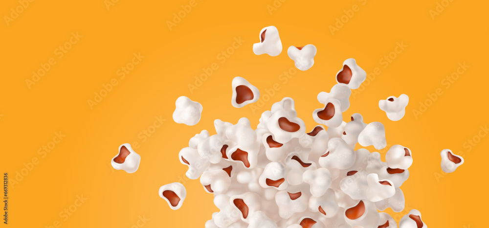 Popcorn for cinema. Sweet or salty corn snack food isolated on yellow background. Movie with flying pop-corn seeds. Vector illustration.