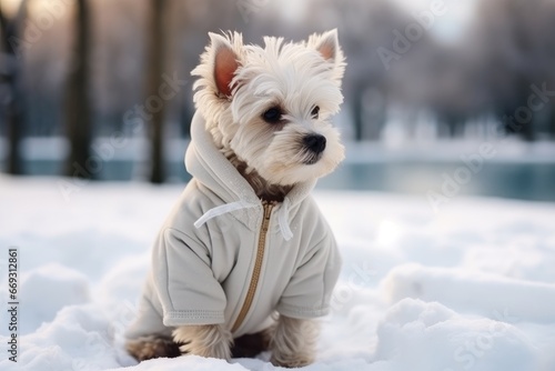Cute little white dog in winter clothes standing on the snow in winter. A dwarf puppy walks in a snowy forest in cold weather.