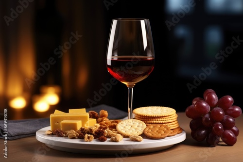 A glass of red wine, an alcoholic beverage with cold appetizers, biscuits, croutons and cheese. Suitable for decorating café and restaurant menus, promotions and food serving.