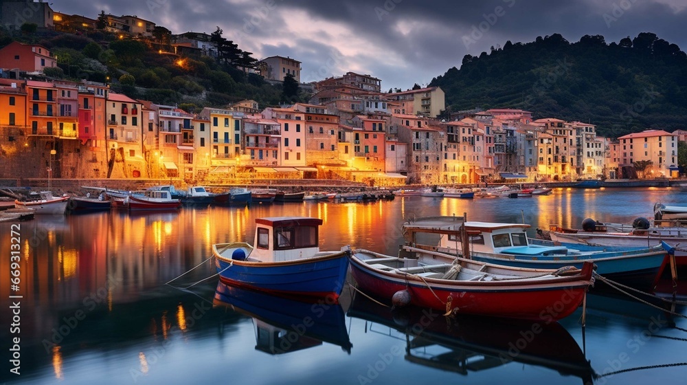Mystic landscape of the harbor with colorful houses and the boats in Porto Venero, Italy, Liguria in the evening in the light of lanterns. generative ai 