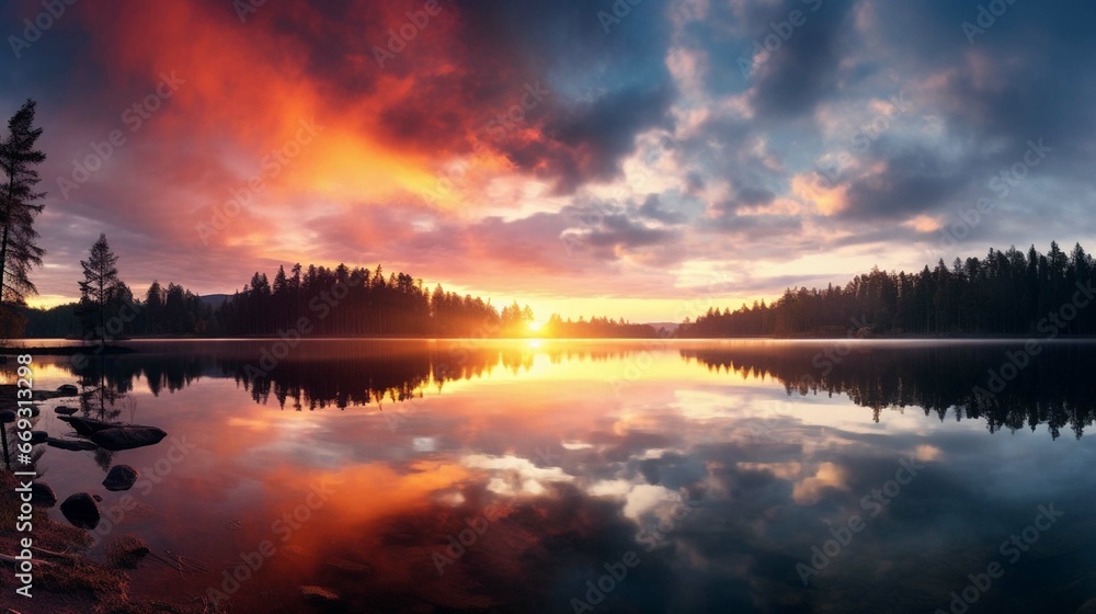 Panorama of beautiful sunrise over lake. generative ai 