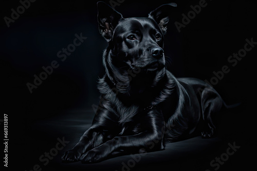 a cute dog sitting in the dark