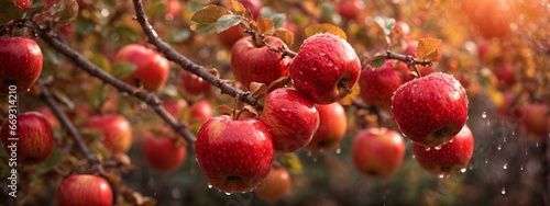 Red apples on the tree with raindrops