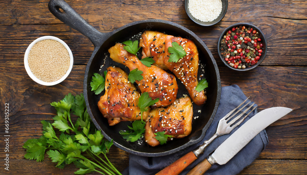Baked spicy chicken legs with sesame and parsley in cast iron frying pan on dark wooden background top view. Baked spicy chicken legs with sesame and parsley in cast iron frying pan on dark wooden background top view.
