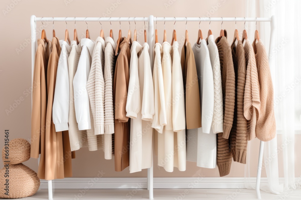 Minimal trendy capsule wardrobe in natural colors for cold weather. Autumn and winter fashion