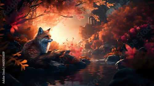 The image portrays a tranquil autumn scene with a brown fox with white chest fur and a long, gray-white tail, sitting on a large rock located in the lower left corner of the image.  photo