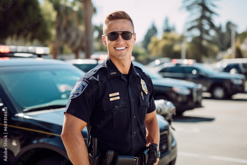 Police officer smile face portrait on city street