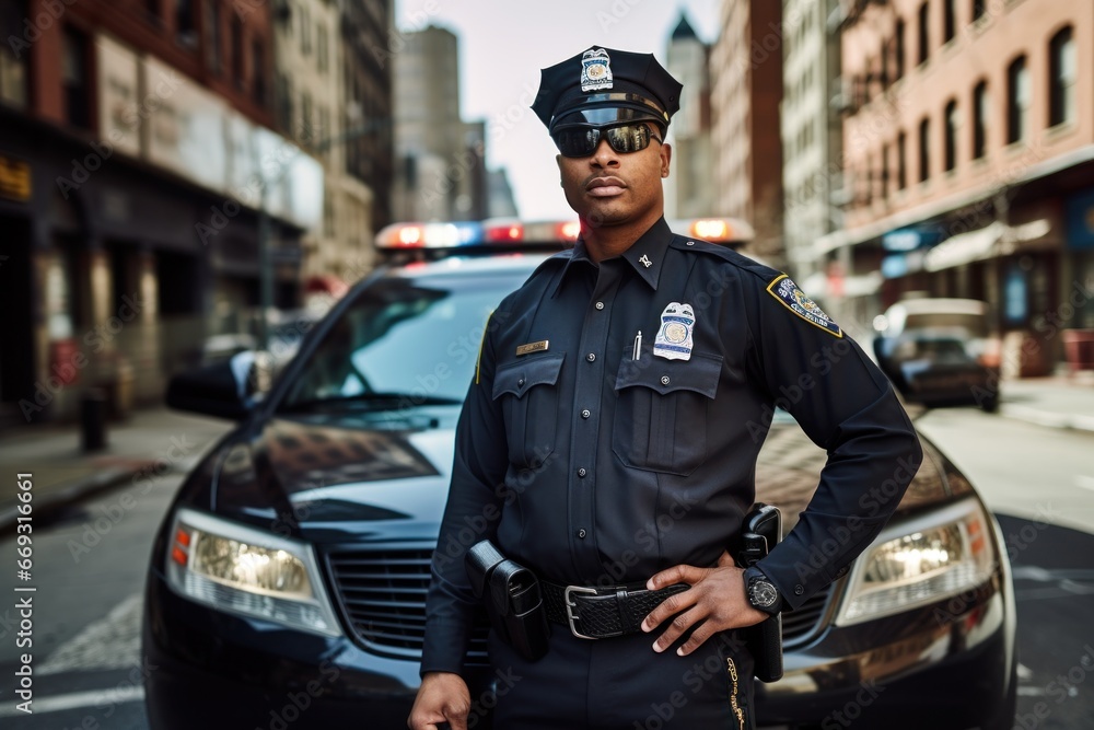 Police officer serious face portrait on city street Police officer serious face portrait on city street