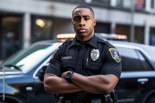 Fototapeta Naklejka Na Ścianę i Meble -  Black African American Police officer serious face portrait on city street