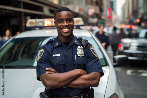 Police officer smile face portrait on city street © blvdone