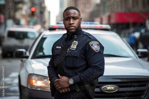 Police officer serious face portrait on city street photo