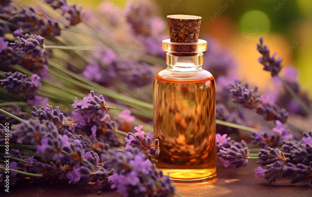 Vial with lavender oil on a natural background Vial with lavender oil on a natural background