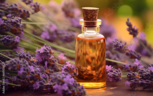 Vial with lavender oil on a natural background