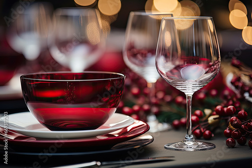 a table setting with wine glasses, plates and uts on the table in front of blurred lights behind them