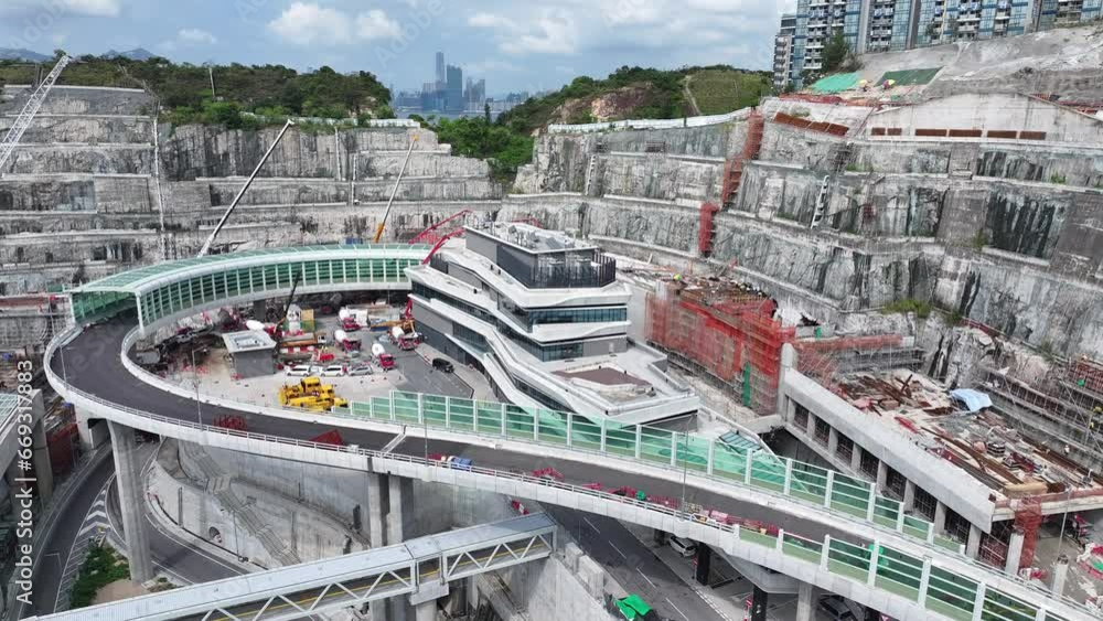 Drone Aerial Skyview in Tseung Kwan O Lam Tin Tunnel Interchange highway under construction flyover ramp motorway road connects Kai Tak Development and Central Kowloon Route in Hong Kong Kwun Tong Drone Aerial Skyview in Tseung Kwan O Lam Tin Tunnel Interchange highway under construction flyover ramp motorway road connects Kai Tak Development and Central Kowloon Route in Hong Kong Kwun Tong