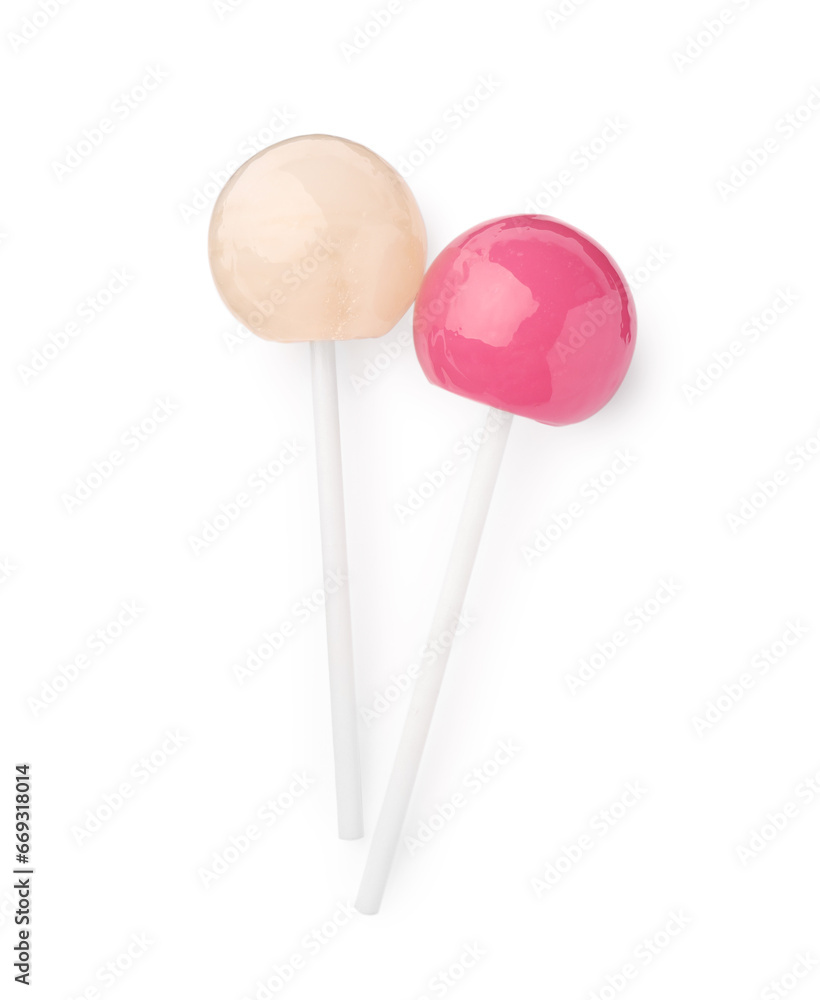 Two tasty lollipops isolated on white, top view Two tasty lollipops isolated on white, top view