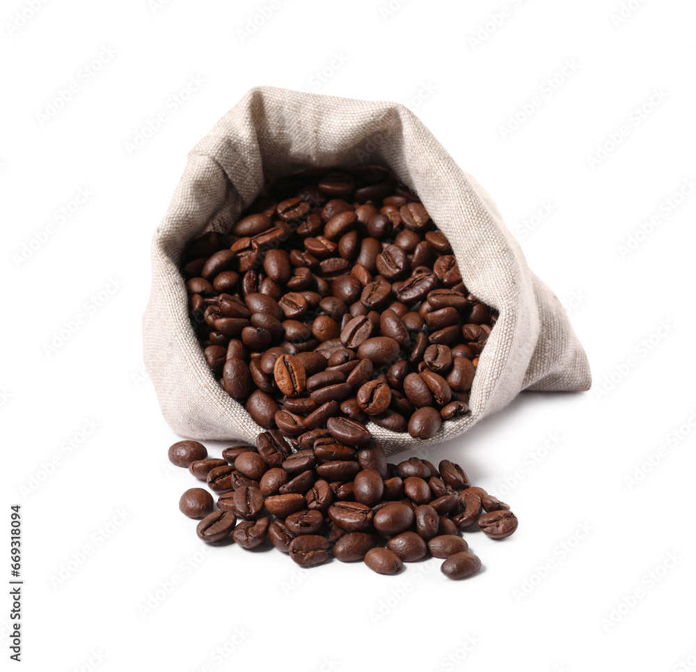 Overturned bag with roasted coffee beans isolated on white Overturned bag with roasted coffee beans isolated on white