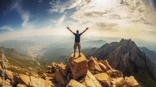 A man stands on the top of a mountain with his hands raised