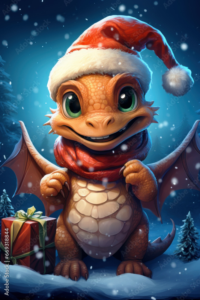 Funny cute baby dragon in winter forest on Christmas, happy animal in Santa hat on snow background. Smiling character on holiday night. Concept of New Year, design, illustration Funny cute baby dragon in winter forest on Christmas, happy animal in Santa hat on snow background. Smiling character on holiday night. Concept of New Year, design, illustration