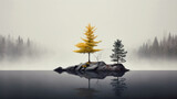 Two trees on rocks in lake on misty forest background, tranquil minimalist landscape. Peaceful simple nature scene in autumn. Concept of art, beauty, minimalism, travel, environment