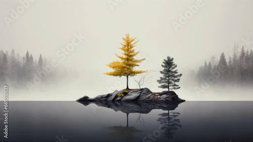 Two trees on rocks in lake on misty forest background, tranquil minimalist landscape. Peaceful simple nature scene in autumn. Concept of art, beauty, minimalism, travel, environment photo