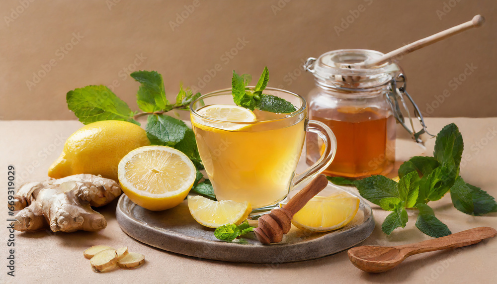Ginger tea. Cup of ginger tea with lemon, honey and mint on beige background. Concept alternative medicine Ginger tea. Cup of ginger tea with lemon, honey and mint on beige background. Concept alternative medicine