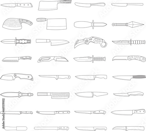 Hand drawn Kids drawing Cartoon Vector illustration big set of different type knife Isolated in doodle style