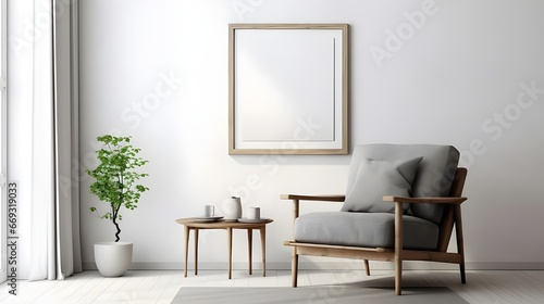 an empty living room with light colored walls and an arm chair with a blank frame above, in the style of zen minimalism © Muzikitooo