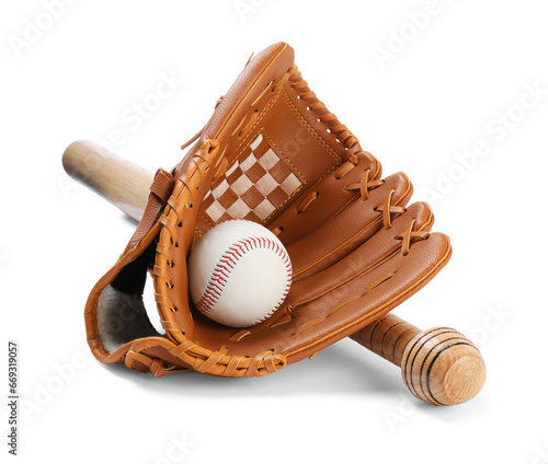 Wooden baseball bat, ball and glove isolated on white