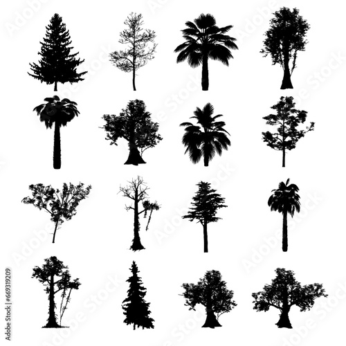 A selection of various tree silhouette icon shapes. Fully scalable and fillable to your needs.