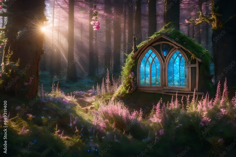 Fantasy fairy tale forest with magical shining window of enchanted elf ...