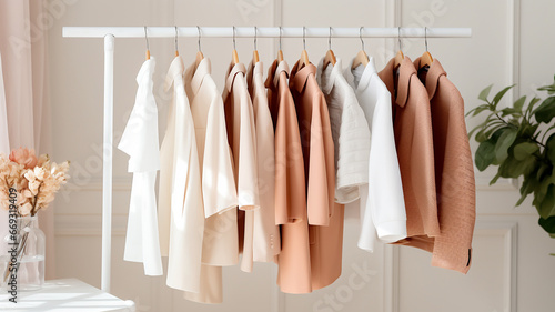 Rack with stylish clothes in room, closeup. interior design generativa IA 