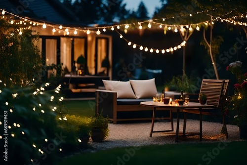 Summer evening on the patio of beautiful house with lights in the garden © Super