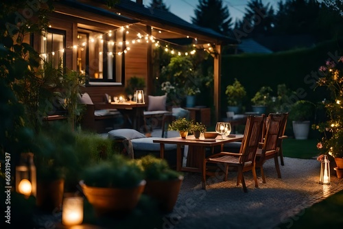 Summer evening on the patio of beautiful house with lights in the garden