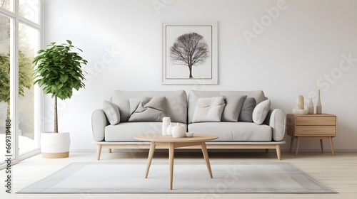 Photo a white living room with a gray couch and plant set in, in the style of textured