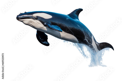 killer whale orcinus orca isolated on a transparent background  killer whale jumping out of the water over the blue sea surface close up. Generative AI