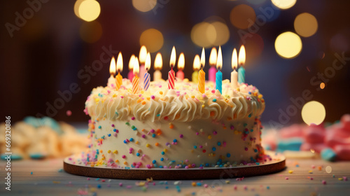 A birthday cake with white frosting and lit candles
