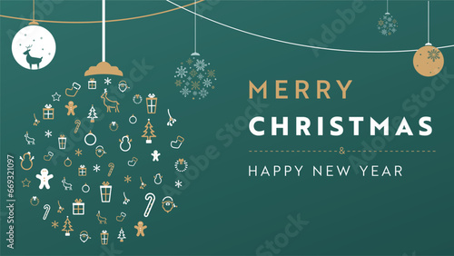 クリスマスをモチーフにしたアイコンで作られたオーナメントのクリスマス背景テンプレート（緑）　Christmas background template decorated with ornaments made with Christmas motif icons (green)